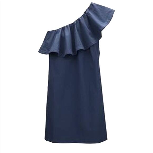 Cuyana One Shoulder 100% Cotton Seersucker Navy Dress Size L - Picture 2 of 5